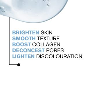 Close-up image of a gel texture with bubbles. Overlay text in two colors: blue and black. Blue text highlights key actions: “BRIGHTEN,” “SMOOTH,” “BOOST,” “DECONGEST,” and “LIGHTEN.” Each action is followed by a descriptor in black text: “SKIN,” “TEXTURE,” “COLLAGEN,” “PORES,” and “DISCOLORATION