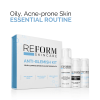 Reform Skincare Anti-Blemish Kit for oily, acne-prone skin, featuring salicylic acid cleanser, anti-blemish crème, and repair & renew gel.