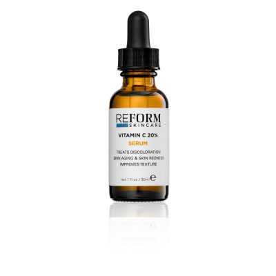 Reform Skincare Vitamin C 20% Serum bottle with dropper, designed for improving skin discoloration, aging, and redness.